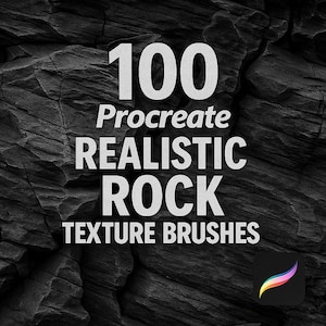 Może przedstawiać: 100 pędzli tekstury realistycznej skały Procreate. Zbliżenie na ciemnoszarą teksturę skały z tekstem "100 Procreate Realistic Rock Texture Brushes" w kolorze białym.
