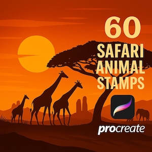 May include: 60 Safari Animal Stamps for Procreate.  Silhouettes of giraffes, elephants, and other animals against a sunset background.