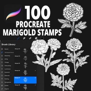 100 Procreate ringblomsstämplar för botanisk illustration, blommig tatueringsdesign, linjeteckning och digital trädgårdskonst