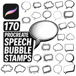 May include: A set of 170 black and white Procreate speech bubble stamps. The stamps are in various shapes and sizes, including circles, squares, rectangles, and clouds. The stamps are perfect for adding dialogue to digital illustrations.