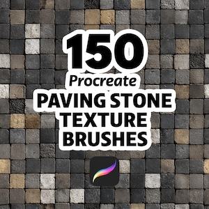 May include: Digital art asset showing a background of square paving stones in shades of grey, brown, and beige. The image includes the text "150 Procreate Paving Stone Texture Brushes" in a white outlined black font, with the Procreate app logo.