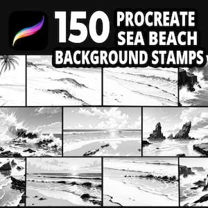 May include: A digital art product featuring 150 Procreate sea beach background stamps. The image showcases a grid of black and white beach scenes, including waves, sand, and skies. The Procreate logo is visible in the upper left corner.