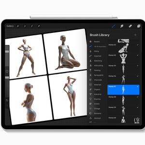 May include: A digital tablet screen displaying a gallery of images of a female figure in various poses. The screen also shows a brush library with a list of different brush types and a selection of stamps.