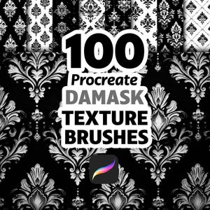 以下が含まれることがあります： 100個のProcreateダマスクテクスチャブラシのデジタル製品画像。画像は、白黒のさまざまなダマスクパターンを特徴とし、右下隅にProcreateアプリのロゴがあります。画像上のテキストは「100 Procreate Damask Texture Brushes」と表示されています。