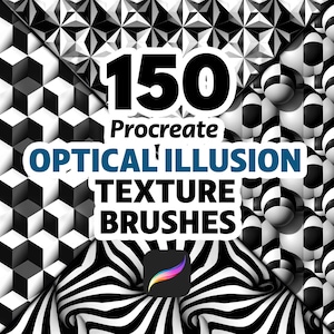 May include: Digital art product with 150 Procreate optical illusion texture brushes. The image displays black and white geometric patterns, including cubes, spheres, and zebra stripes, with the Procreate app logo.