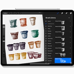 May include: A digital illustration of various watercolor flower pots displayed on a tablet screen. The pots are in shades of green, brown, and yellow. The tablet also shows the "Brush Library" menu with options for sketching, inking, and painting.
