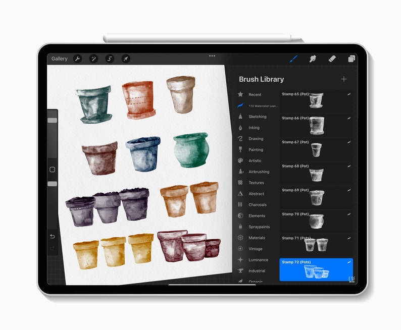 May include: A digital illustration of various watercolor flower pots displayed on a tablet screen. The pots are in shades of green, brown, and yellow. The tablet also shows the "Brush Library" menu with options for sketching, inking, and painting.