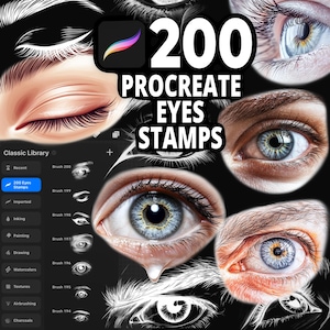 May include: A digital collection of 200 Procreate eyes stamps featuring various realistic and line art eye illustrations. The interface displays a brush library menu with a list of eye brush presets, including detailed blue irises and eyelashes.