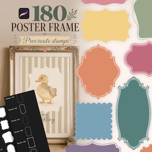 May include: A digital collection of 180 poster frame Procreate stamps featuring various decorative shapes in yellow, pink, blue, and green. The image displays a gold-toned ornate frame containing a duckling illustration and a list of brush labels.
