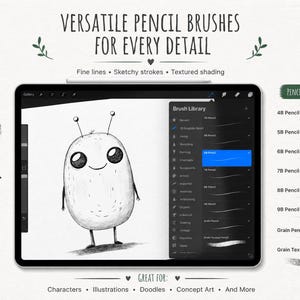 May include: A digital tablet displays a drawing of a cartoon character with the text "VERSATILE PENCIL BRUSHES FOR EVERY DETAIL". The screen shows a brush library and pencil strokes. Text includes "Clean lines", "Natural texture", and "Smooth control".