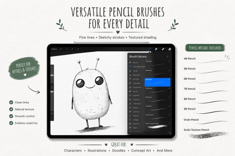 May include: A digital tablet displays a drawing of a cartoon character with the text "VERSATILE PENCIL BRUSHES FOR EVERY DETAIL". The screen shows a brush library and pencil strokes. Text includes "Clean lines", "Natural texture", and "Smooth control".