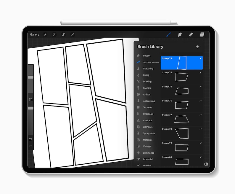 May include: A digital drawing app interface with a comic book panel template and a brush library with various stamp shapes. The app is open on a tablet with a stylus.