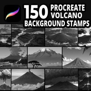 May include: A black and white image featuring a Procreate app icon and the text "150 Procreate Volcano Background Stamps." The image showcases various grayscale illustrations of volcanoes, including erupting volcanoes, mountain landscapes, and volcanic activity.