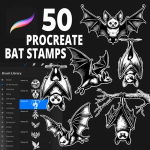 May include: A set of 50 black and white bat stamps for Procreate, a digital art app. The stamps feature various bat poses, including flying, hanging upside down, and perched on a branch. The stamps are designed in a vintage style with intricate details.