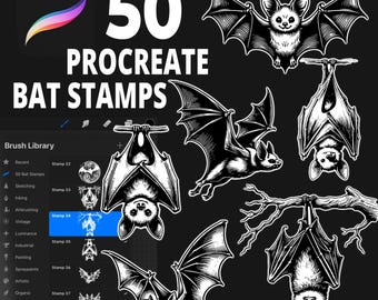 Realistiska fladdermustatueringsstämplar för Procreate, 50 kusliga illustrationsborstar för digital konst
