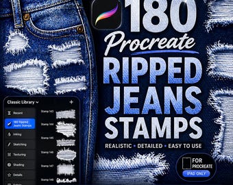 Procreate Ripped Jeans Stamps, Realistic Distressed Denim Fabric and Frayed Edge for Fashion Illustration