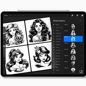 May include: A digital tablet showing a digital art program with a brush library and several black and white illustrations of women with long hair. The tablet is white with a black border and a stylus.