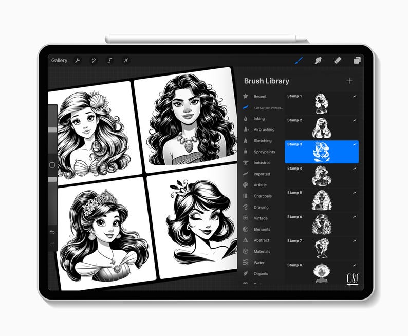 May include: A digital tablet showing a digital art program with a brush library and several black and white illustrations of women with long hair. The tablet is white with a black border and a stylus.