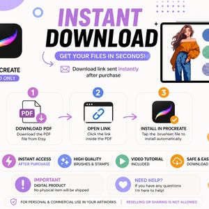May include: An infographic promoting an instant download for Procreate on iPad. The image features a step-by-step guide, including downloading a PDF, opening a link, and installing in Procreate. It also highlights instant access, high-quality brushes, and video tutorials.