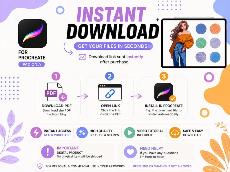 May include: An infographic promoting an instant download for Procreate on iPad. The image features a step-by-step guide, including downloading a PDF, opening a link, and installing in Procreate. It also highlights instant access, high-quality brushes, and video tutorials.