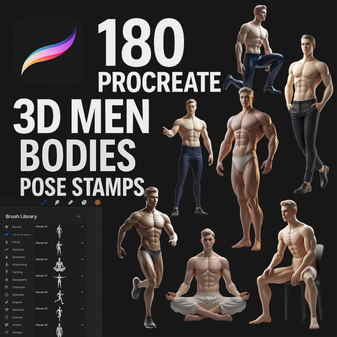 180 Procreate 3D Men's Bodies Pose Stamp Brushes, Man Figure Stamp ...