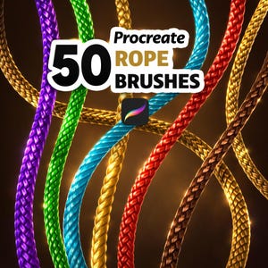 Puede incluir: Imagen que presenta una colección de pinceles de cuerda coloridos para la aplicación Procreate. La imagen muestra varios hilos de cuerda en tonos morado, verde, azul, dorado, rojo y marrón. El número "50" se muestra de forma destacada, junto con el texto "Procreate ROPE BRUSHES".