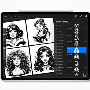 May include: A digital tablet shows four black and white illustrations of women with different hairstyles and accessories. The screen also displays a "Brush Library" menu with stamp options, including "Stamp 27". A stylus is placed on the top edge.