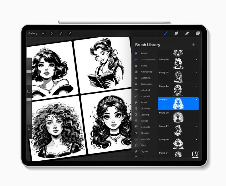 May include: A digital tablet shows four black and white illustrations of women with different hairstyles and accessories. The screen also displays a "Brush Library" menu with stamp options, including "Stamp 27". A stylus is placed on the top edge.