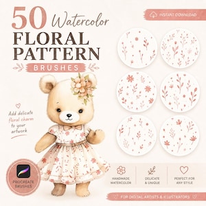 Puede incluir: Pinceles digitales de patrones florales de acuarela para Procreate. La imagen presenta un oso de peluche con un vestido floral, con seis diseños circulares que muestran varios patrones florales. El texto incluye "50 Watercolor Floral Pattern Brushes" y "Instant Download."