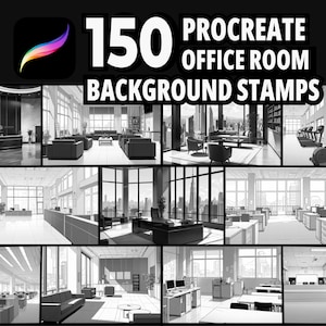 May include: A digital illustration of 150 Procreate office room background stamps. The image shows nine different office room scenes with windows, desks, chairs, and other office furniture. The scenes are in black and white.