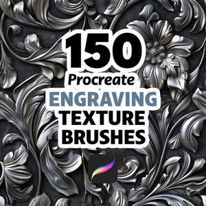 Puede incluir: Gráfico de arte digital con el texto "150 Procreate Engraving Texture Brushes" sobre un patrón floral metálico detallado. El icono de la aplicación Procreate es visible. El fondo es gris oscuro.