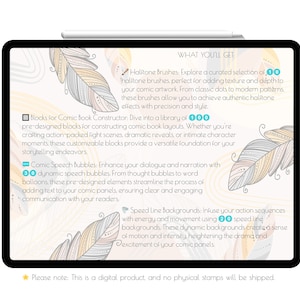 May include: A digital product for comic book creators featuring halftone brushes, comic book construction blocks, speech bubbles, and speed line backgrounds. The image includes a tablet screen with a light blue background and a feather design. The text on the screen reads "What You'll Get:" and lists the product features.