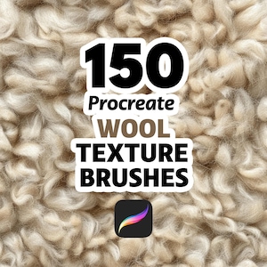 May include: An image of a wool texture background with a white and black graphic that reads "150 Procreate WOOL TEXTURE BRUSHES". A Procreate app icon is in the bottom right corner.