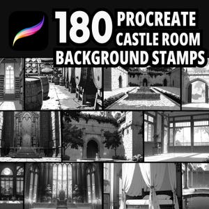 Peut inclure: Un ensemble de 180 tampons d'arrière-plan de salle de château Procreate. Les tampons sont en noir et blanc et présentent divers intérieurs de salles de château, notamment une salle du trône, une cour et une chambre.