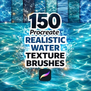 May include: Digital art product featuring 150 Procreate realistic water texture brushes. The image shows a vibrant blue water background with splashes and a variety of water textures. The Procreate app icon is visible.
