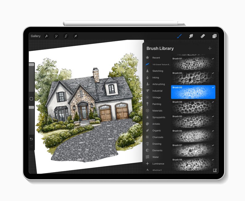 Puede incluir: Una tableta digital que muestra una ilustraci&oacute;n estilo acuarela de una casa de dos pisos con un camino de piedra y jardines. La interfaz de la pantalla muestra un men&uacute; de Biblioteca de pinceles con una lista de pinceles texturizados.