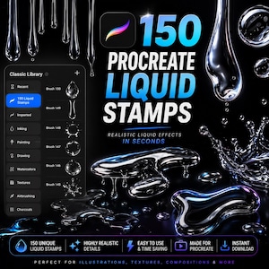 Puede incluir: Anuncio de producto de arte digital. La imagen presenta el texto "150 Procreate Liquid Stamps" en azul y blanco, con efectos de líquido realistas. La imagen también incluye un icono de la aplicación Procreate y un menú con opciones de pinceles.