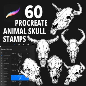 60 Procreate Animal Skull Stamp Brushes, Gothic Procreate, Procreate Tattoo, Stamp Set, Wild Animal Skull, Cow Skull Stamp, Procreate Skulls