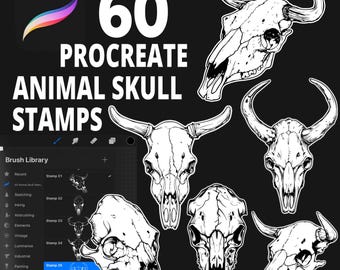 May include: A set of 60 Procreate animal skull stamps, featuring a variety of skulls in black and white. The stamps are designed for use in digital art and illustration.