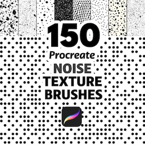 Puede incluir: Imagen promocional de "150 Procreate Noise Texture Brushes". La imagen muestra varios patrones de puntos y texturas en blanco y negro, con el logotipo de la aplicación Procreate en la parte inferior.