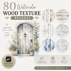Op de afbeelding: Een afbeelding met 80 aquarel houttextuur penselen. De tekst luidt "80 Watercolor WOOD TEXTURE BRUSHES". De afbeelding bevat een aquarel illustratie van een houten deur met planten in potten. Het Procreate Brushes logo is ook zichtbaar.