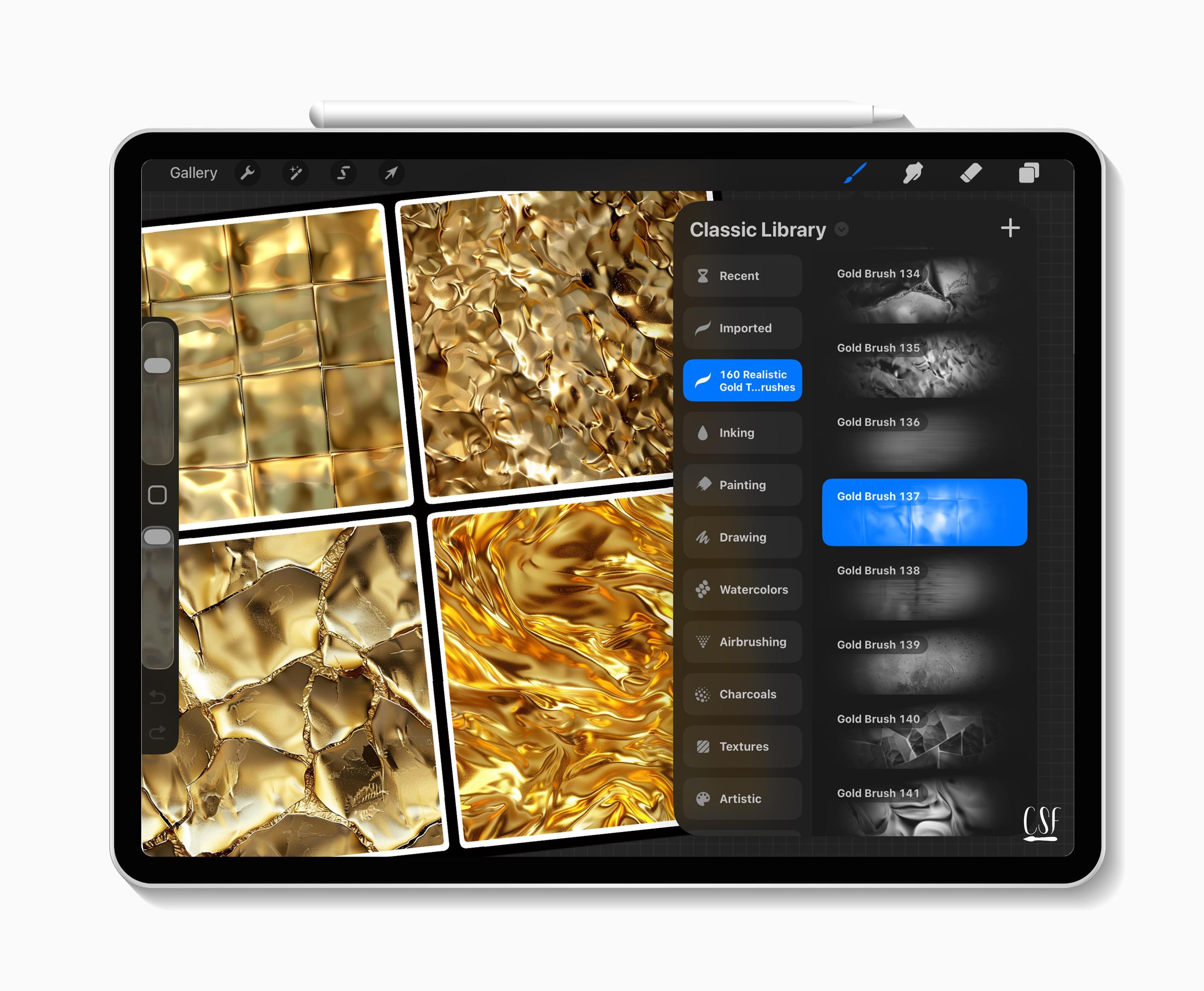 160 Procreate Realistic Gold Texture Brushes for Shiny Metallic Effects ...