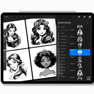 May include: A tablet screen displaying a digital illustration of four women's portraits in black and white. The screen also shows a brush library with various stamp options. The tablet has a stylus attached.