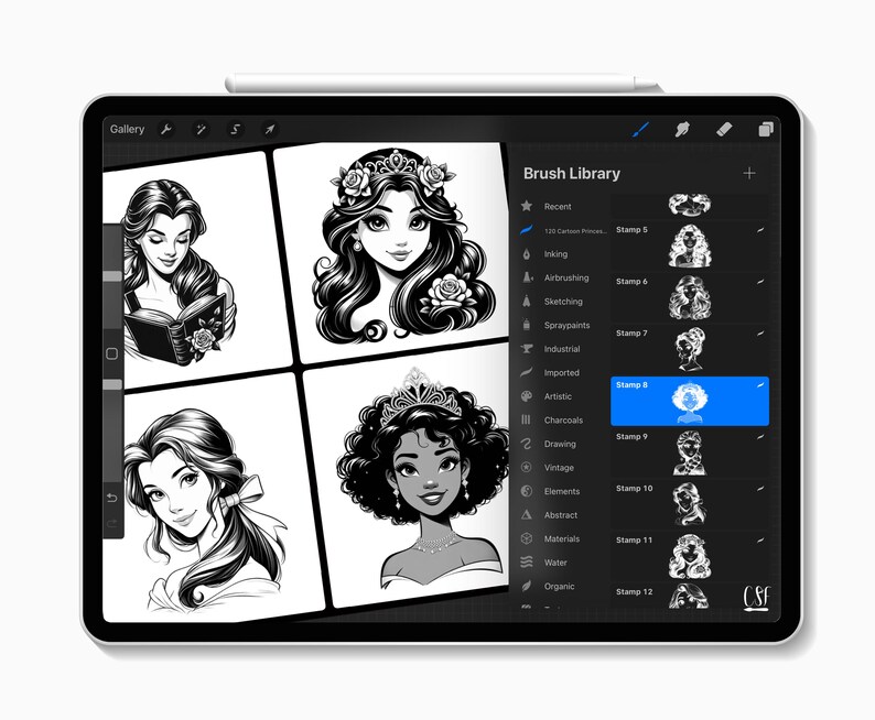 May include: A tablet screen displaying a digital illustration of four women's portraits in black and white. The screen also shows a brush library with various stamp options. The tablet has a stylus attached.