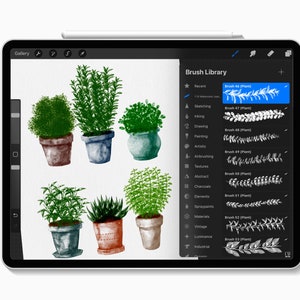 May include: A digital illustration on a tablet featuring various potted plants. The screen displays a "Brush Library" with plant-themed brushes. The plants are in shades of green and brown, with a white stylus resting on the tablet.