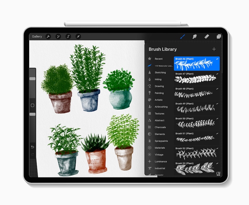 May include: A digital illustration on a tablet featuring various potted plants. The screen displays a "Brush Library" with plant-themed brushes. The plants are in shades of green and brown, with a white stylus resting on the tablet.