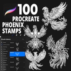 May include: A set of 100 Procreate Phoenix stamps featuring black and white illustrations of phoenixes in various poses. The stamps are displayed in a digital art app interface.