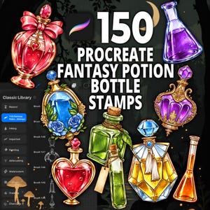 May include: A digital collection of 150 Procreate fantasy potion bottle stamps featuring various glass containers filled with colorful liquids, including red, blue, green, purple, and yellow designs, displayed alongside a software brush library menu.