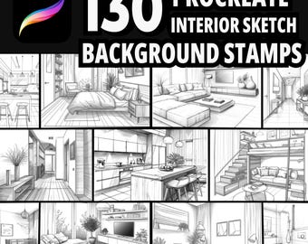 130 Procreate Interior Sketch Stamp Brushes, Procreate Room, Procreate Living, Procreate Bedroom, Procreate Bathroom, Procreate Kitchen