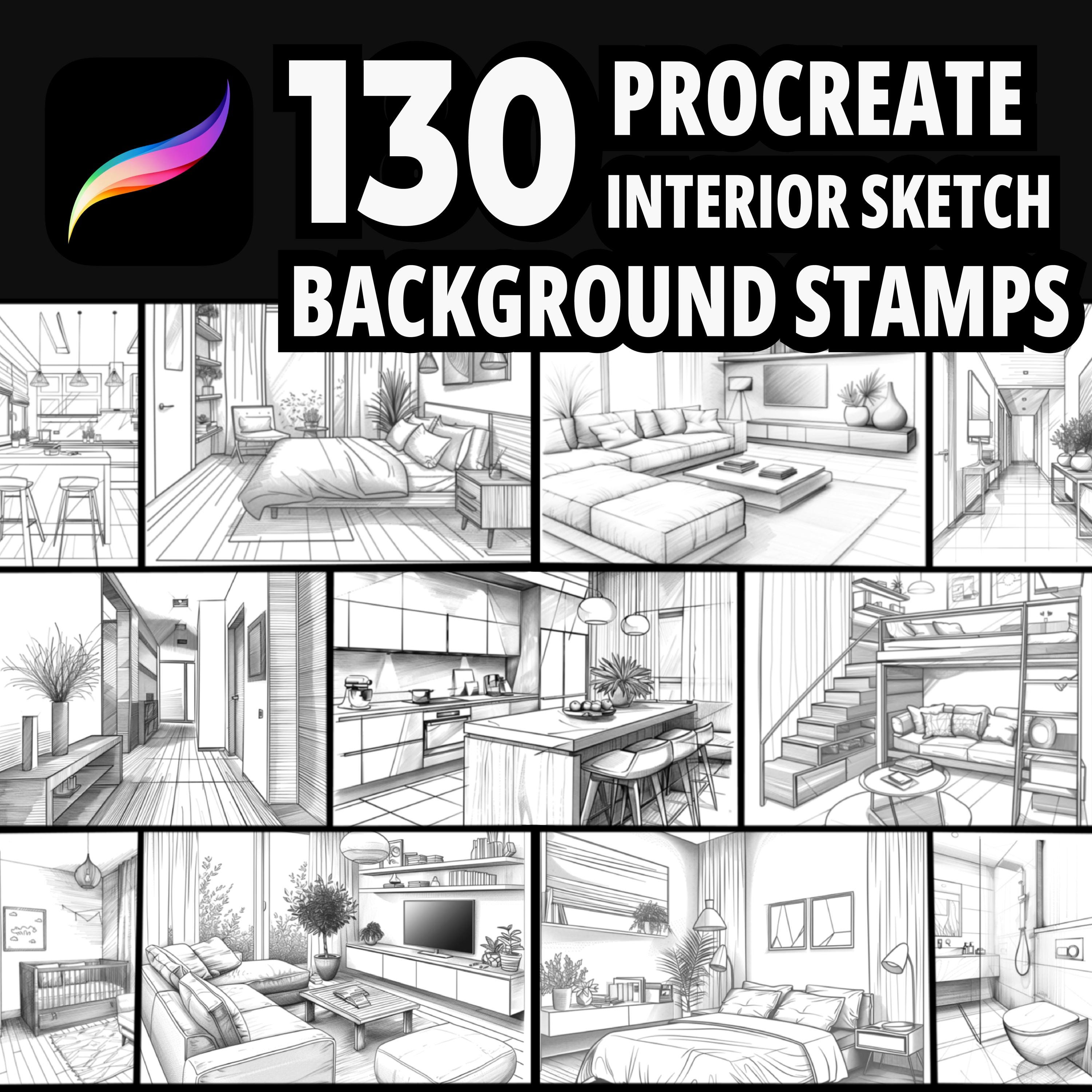 130 Procreate Interior Sketch Stamp Brushes for Rooms, Living, Bedroom, Bathroom & Kitchen